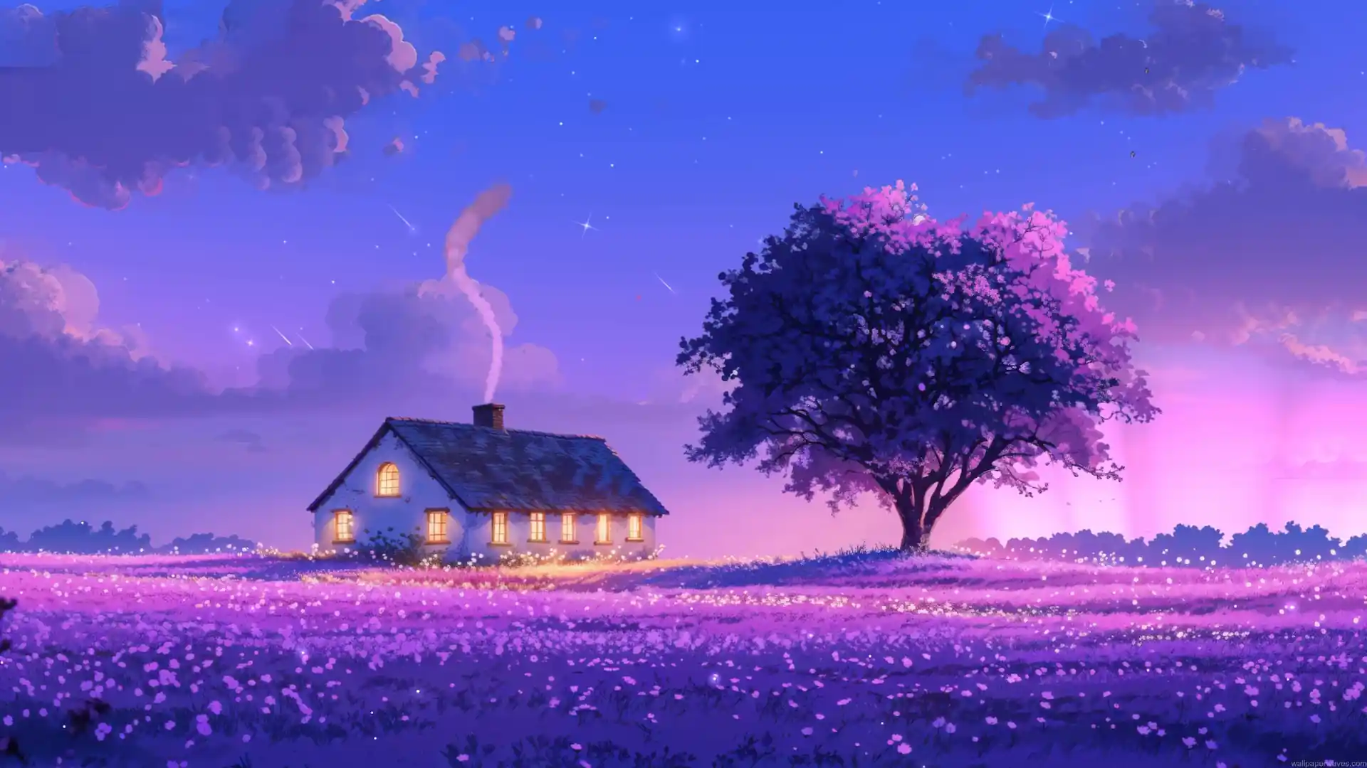 Dreamy cottage beside a flowering tree and purple field under a beautiful starry twilight sky live wallpaper.
