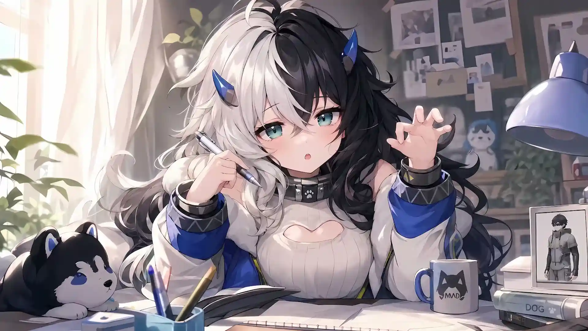 Eatchel Gustav from Snowbreak Containment Zone making a playful cat pose while studying at a cozy desk with a puppy companion live wallpaper.