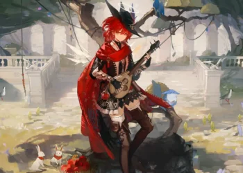 Exusiai the New Covenant Arknights Lute Live Wallpaper 2 Exusiai the New Covenant from Arknights playing a lute in a peaceful fantasy courtyard live wallpaper.