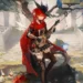 Exusiai the New Covenant from Arknights playing a lute in a peaceful fantasy courtyard live wallpaper.
