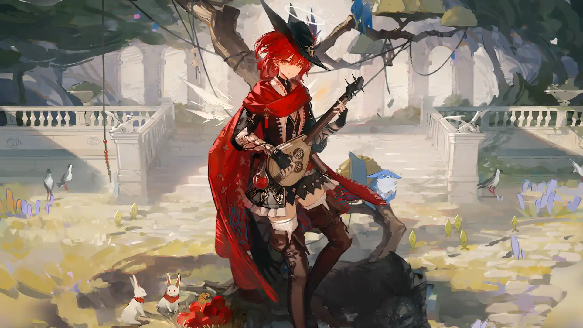 Exusiai the New Covenant from Arknights playing a lute in a peaceful fantasy courtyard live wallpaper.