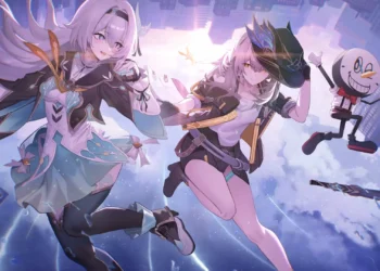 Firefly Stelle and Clockie Honkai Star Rail Live Wallpaper 4 Firefly Stelle and Clockie floating through a dreamy city sky in Honkai Star Rail wallpaper.