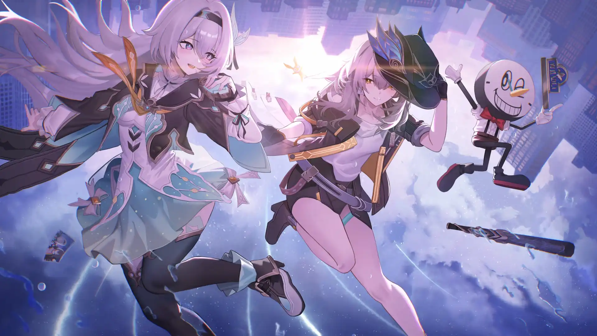 Firefly Stelle and Clockie floating through a dreamy city sky in Honkai Star Rail wallpaper.