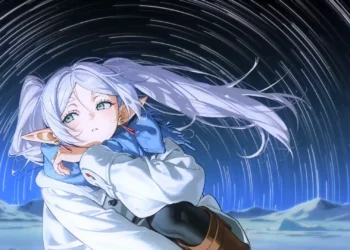 Frieren beneath glowing star trails with silver hair and a peaceful blue night landscape from Frieren Beyond Journey’s End live wallpaper.