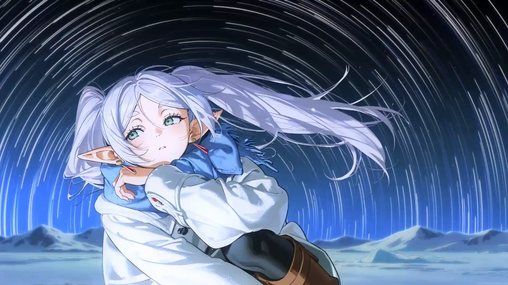 Frieren beneath glowing star trails with silver hair and a peaceful blue night landscape from Frieren Beyond Journey’s End live wallpaper.