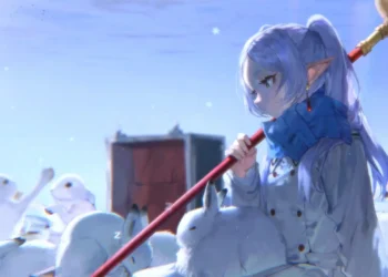 Frieren surrounded by white rabbits in a peaceful snowy landscape from Frieren Beyond Journey's End live wallpaper