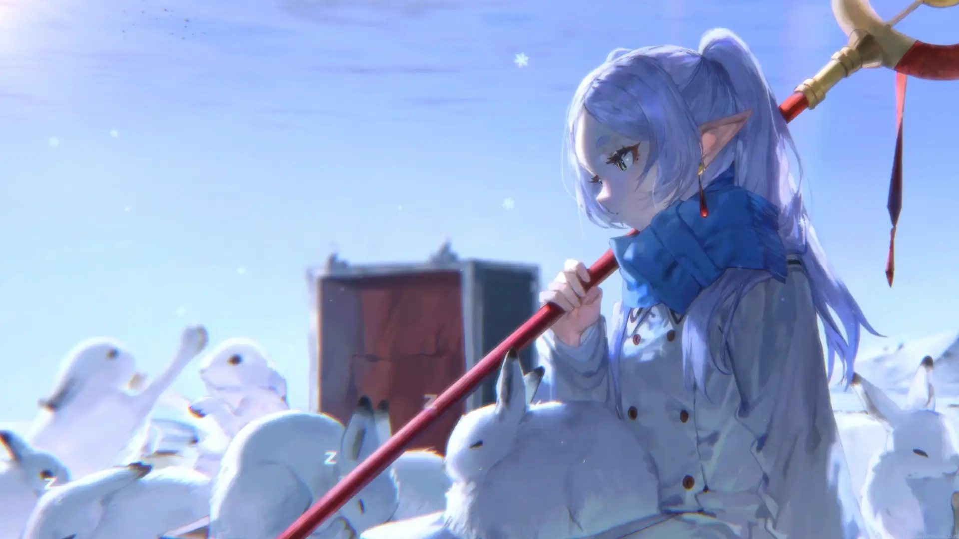 Frieren surrounded by white rabbits in a peaceful snowy landscape from Frieren Beyond Journey's End live wallpaper