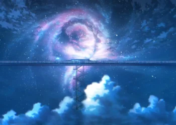 Galaxy Train Through the Stars Live Wallpaper 3 Futuristic train traveling across a sky bridge beneath a glowing spiral galaxy and star-filled night sky live wallpaper.