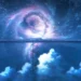 Futuristic train traveling across a sky bridge beneath a glowing spiral galaxy and star-filled night sky live wallpaper.