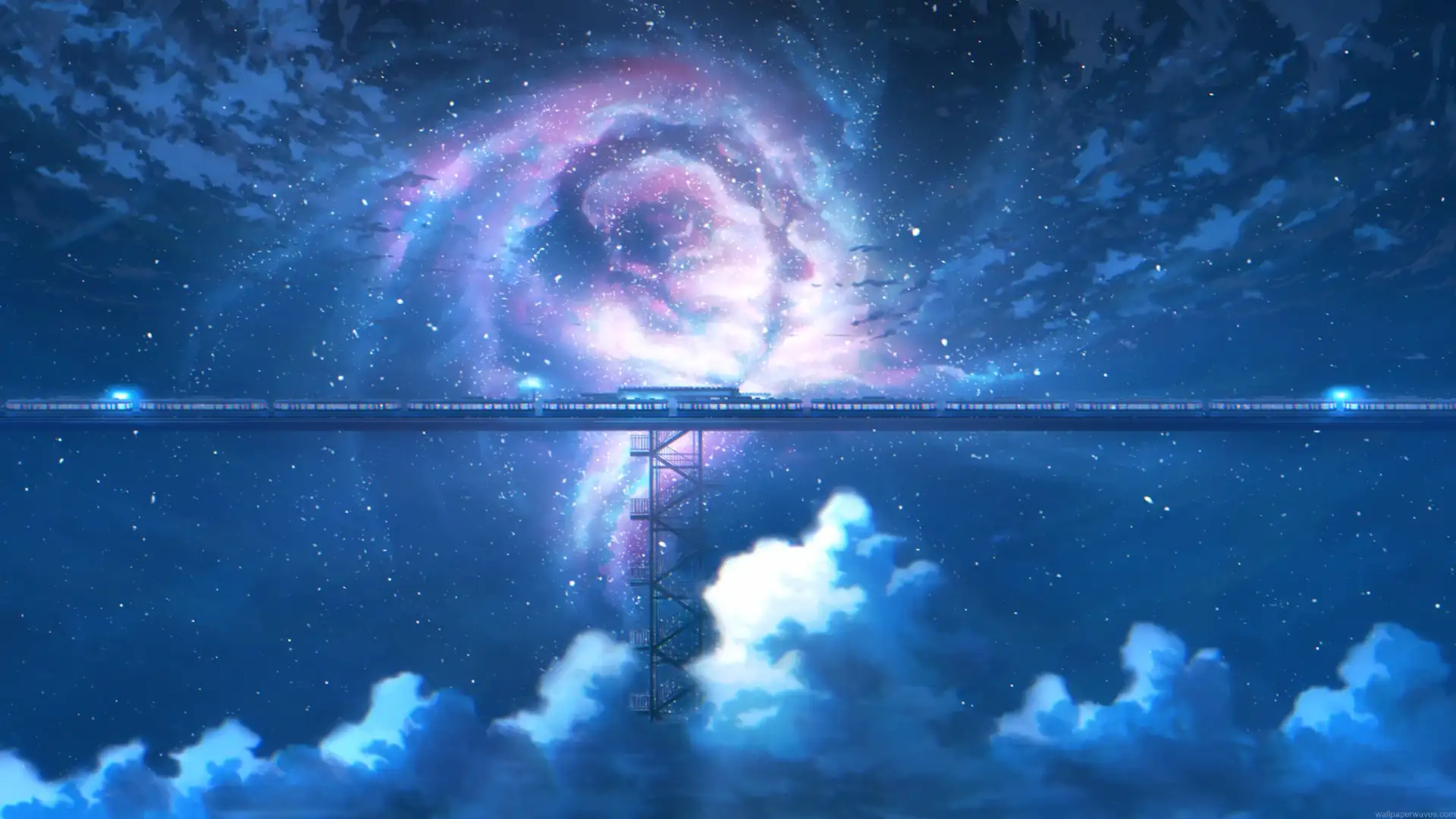 Futuristic train traveling across a sky bridge beneath a glowing spiral galaxy and star-filled night sky live wallpaper.