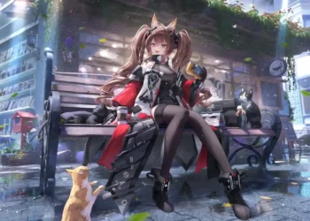 Gilberta from Arknights Endfield relaxing outside a cozy cat cafe surrounded by cats live wallpaper
