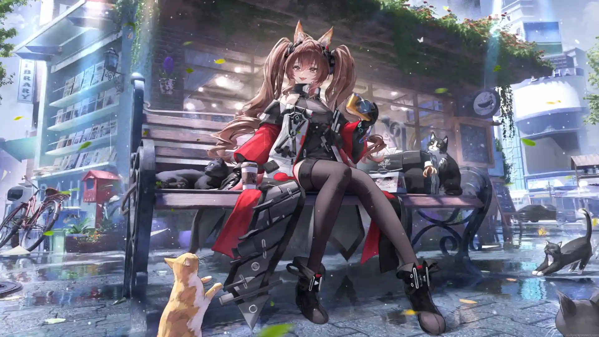Gilberta from Arknights Endfield relaxing outside a cozy cat cafe surrounded by cats live wallpaper