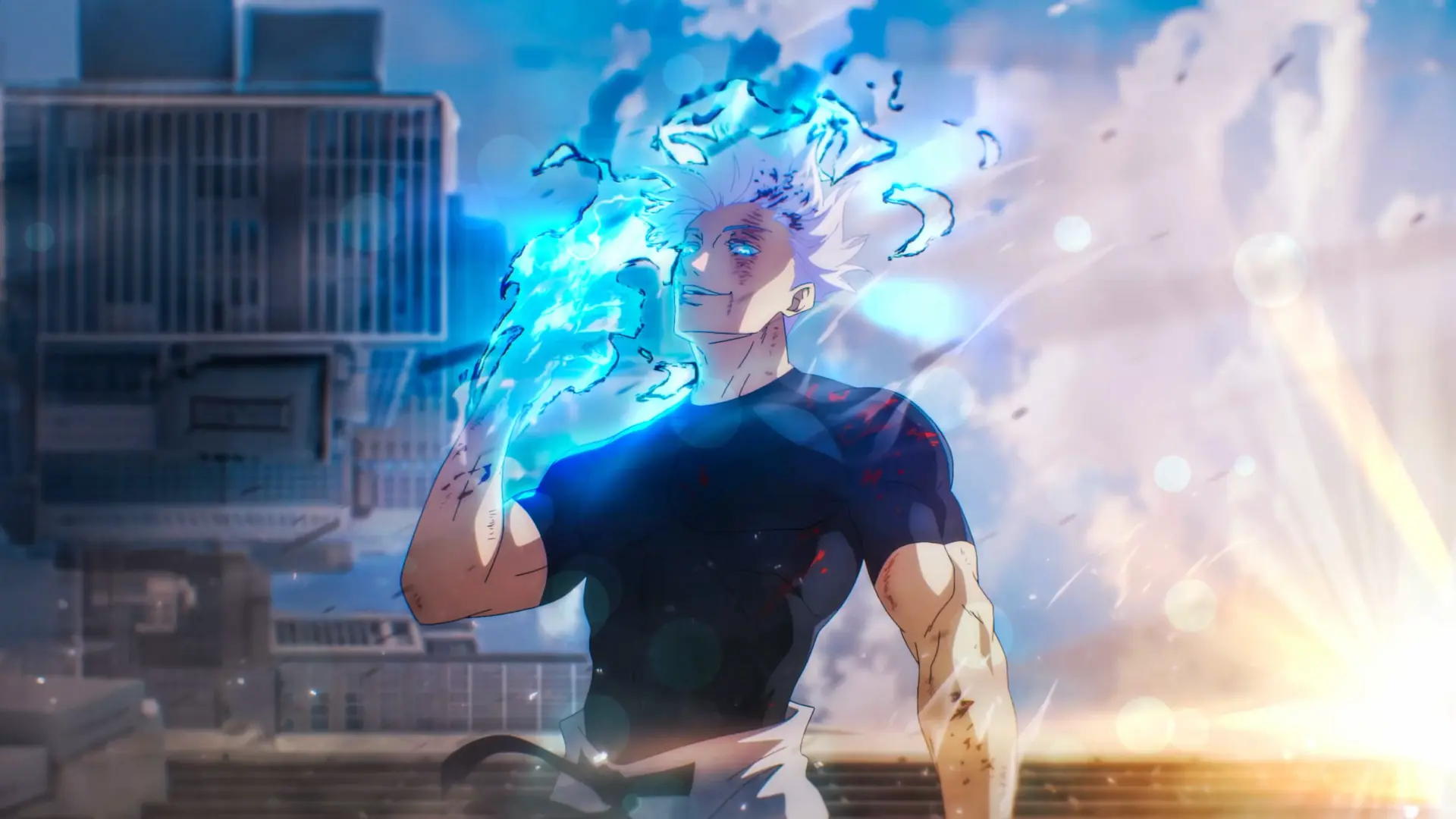Gojo Satoru from Jujutsu Kaisen using Six Eyes power with glowing blue cursed energy live wallpaper.