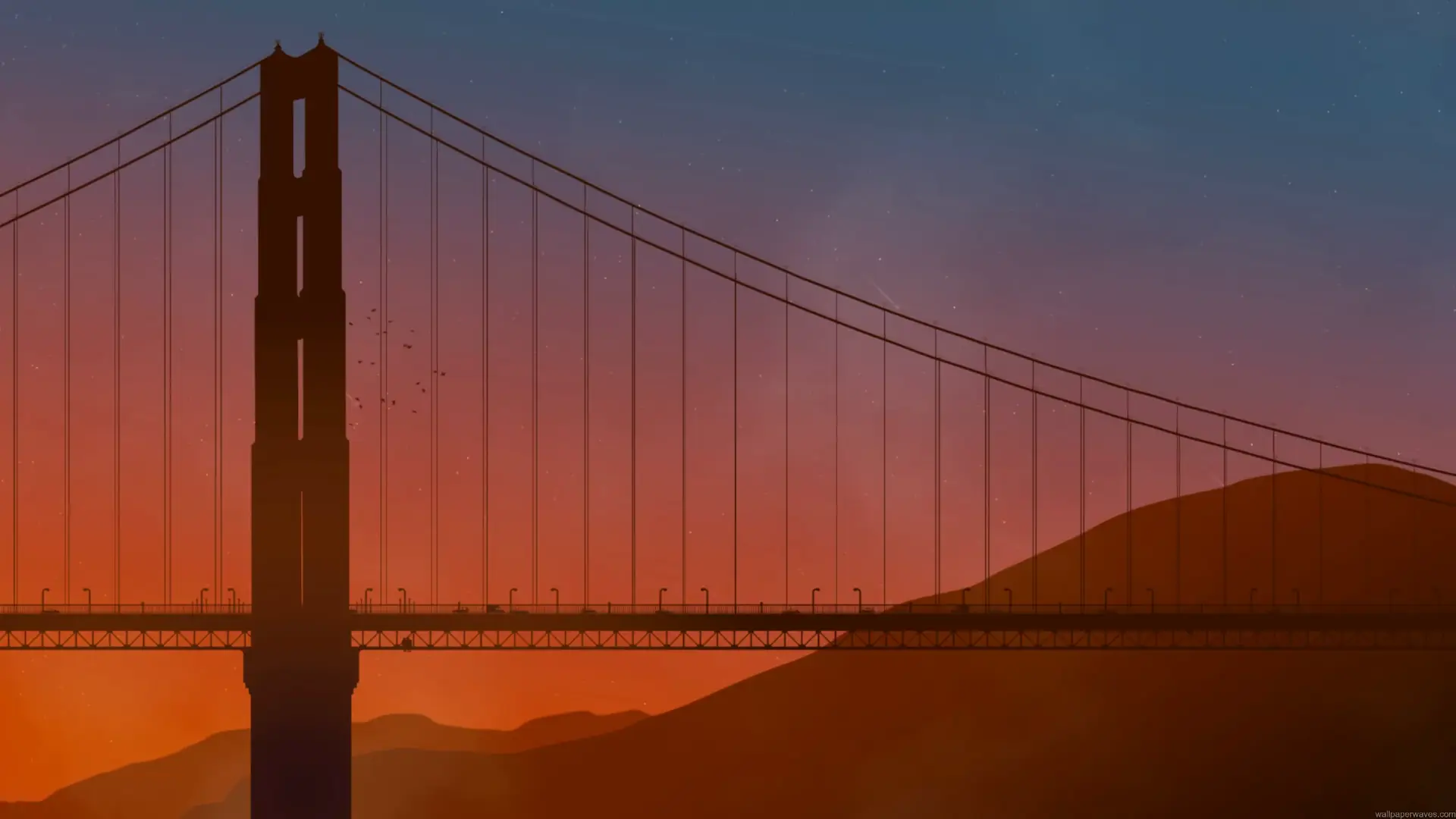 Golden Gate Bridge silhouette at sunset with orange sky and mountains in San Francisco live wallpaper