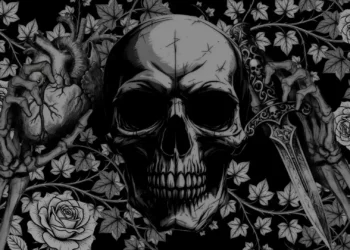 Gothic Skull Roses and Dagger Live Wallpaper 2 Gothic skull surrounded by roses, skeletal hands, an anatomical heart, and an ornate dagger live wallpaper