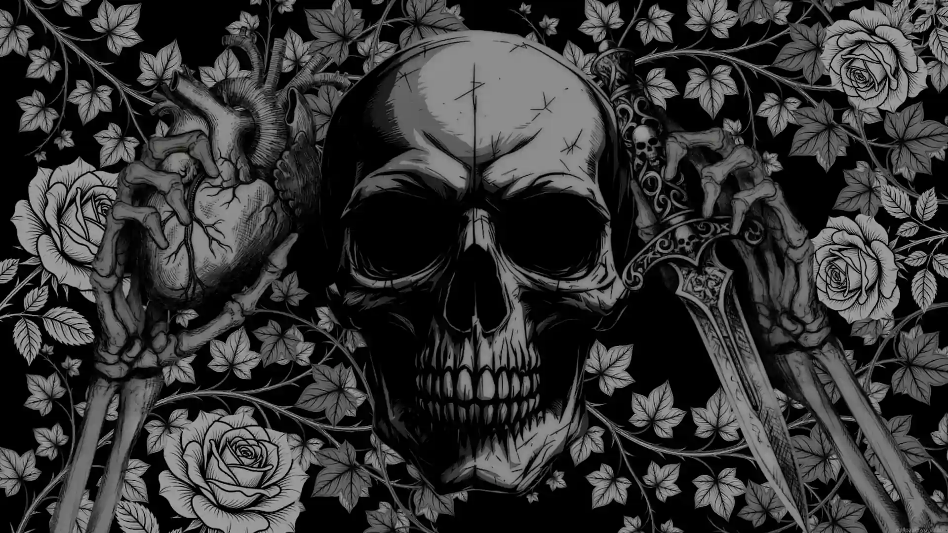 Gothic skull surrounded by roses, skeletal hands, an anatomical heart, and an ornate dagger live wallpaper