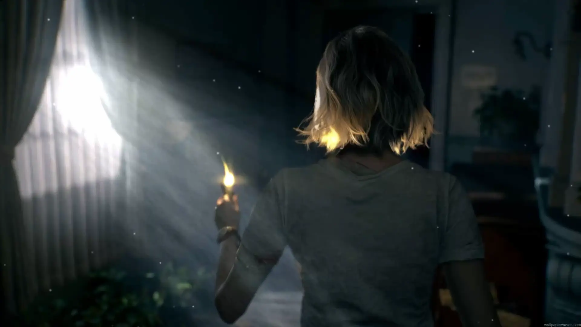 Grace Ashcroft holding a small flame in a dark horror scene from Resident Evil Requiem live wallpaper