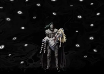 Grimm carrying Alice surrounded by glowing eyes in Black Souls 2 dark fantasy live wallpaper