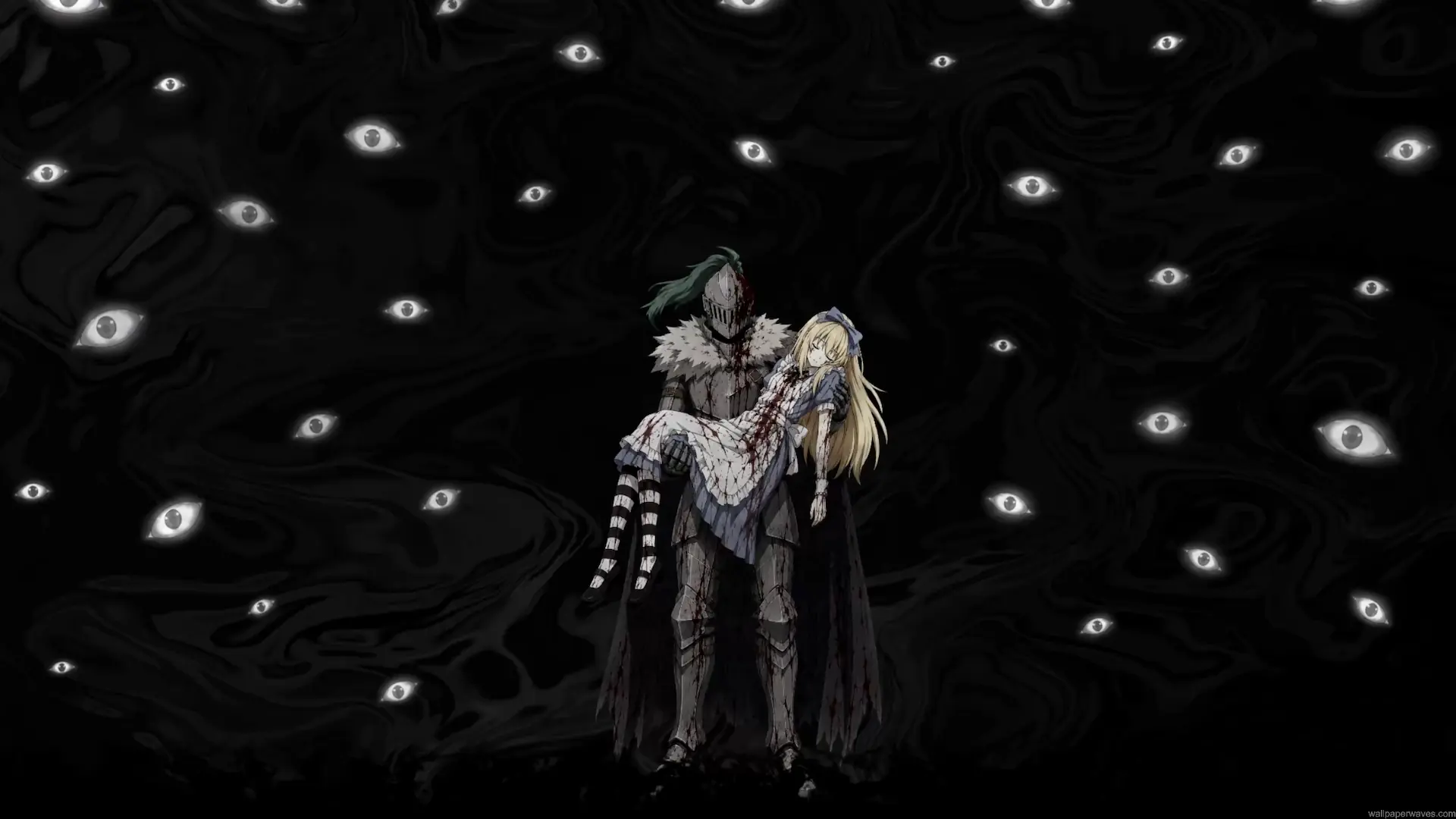 Grimm carrying Alice surrounded by glowing eyes in Black Souls 2 dark fantasy live wallpaper