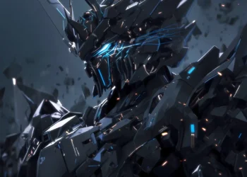 Futuristic black Gundam mecha with glowing blue energy accents surrounded by sparks and debris live wallpaper.