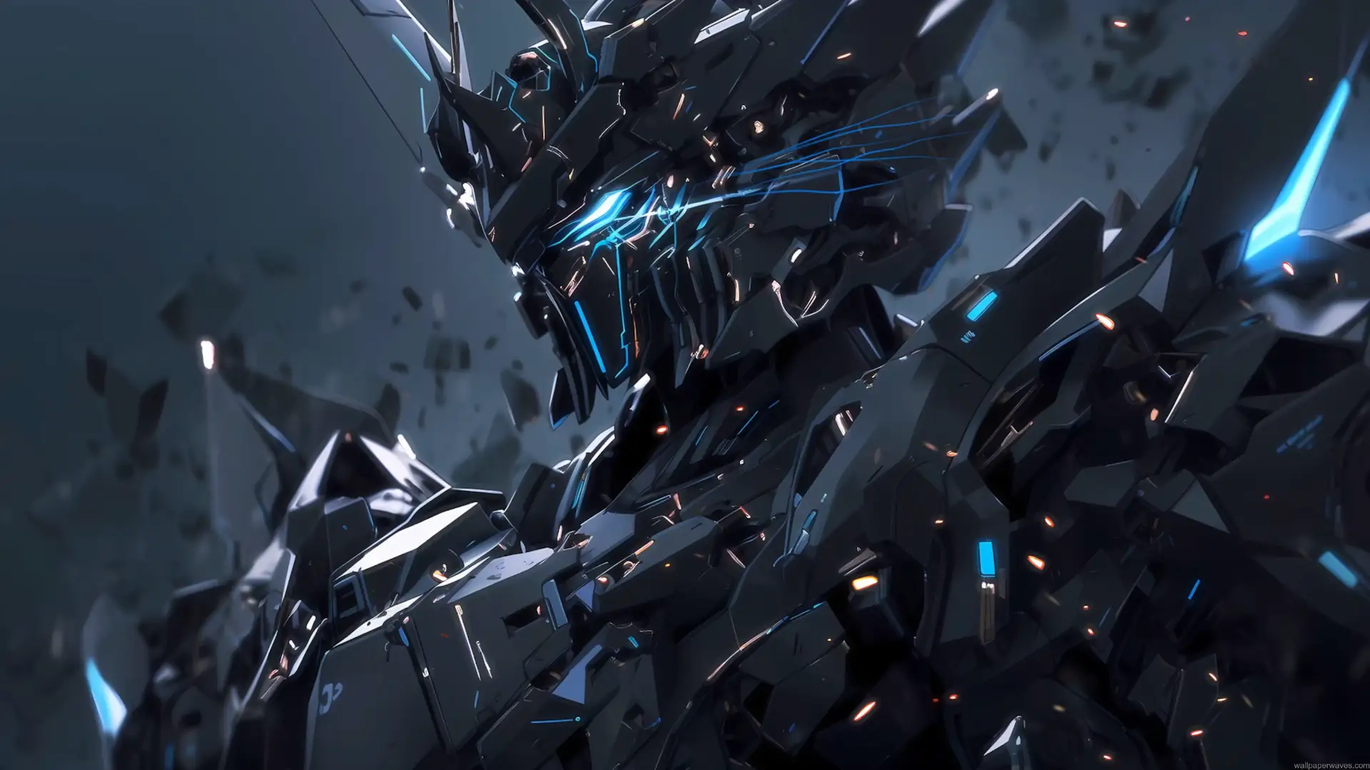 Futuristic black Gundam mecha with glowing blue energy accents surrounded by sparks and debris live wallpaper.