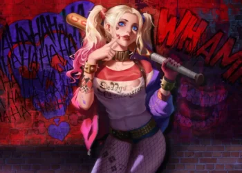 Harley Quinn from Suicide Squad holding a baseball bat in front of a red and purple graffiti wall live wallpaper