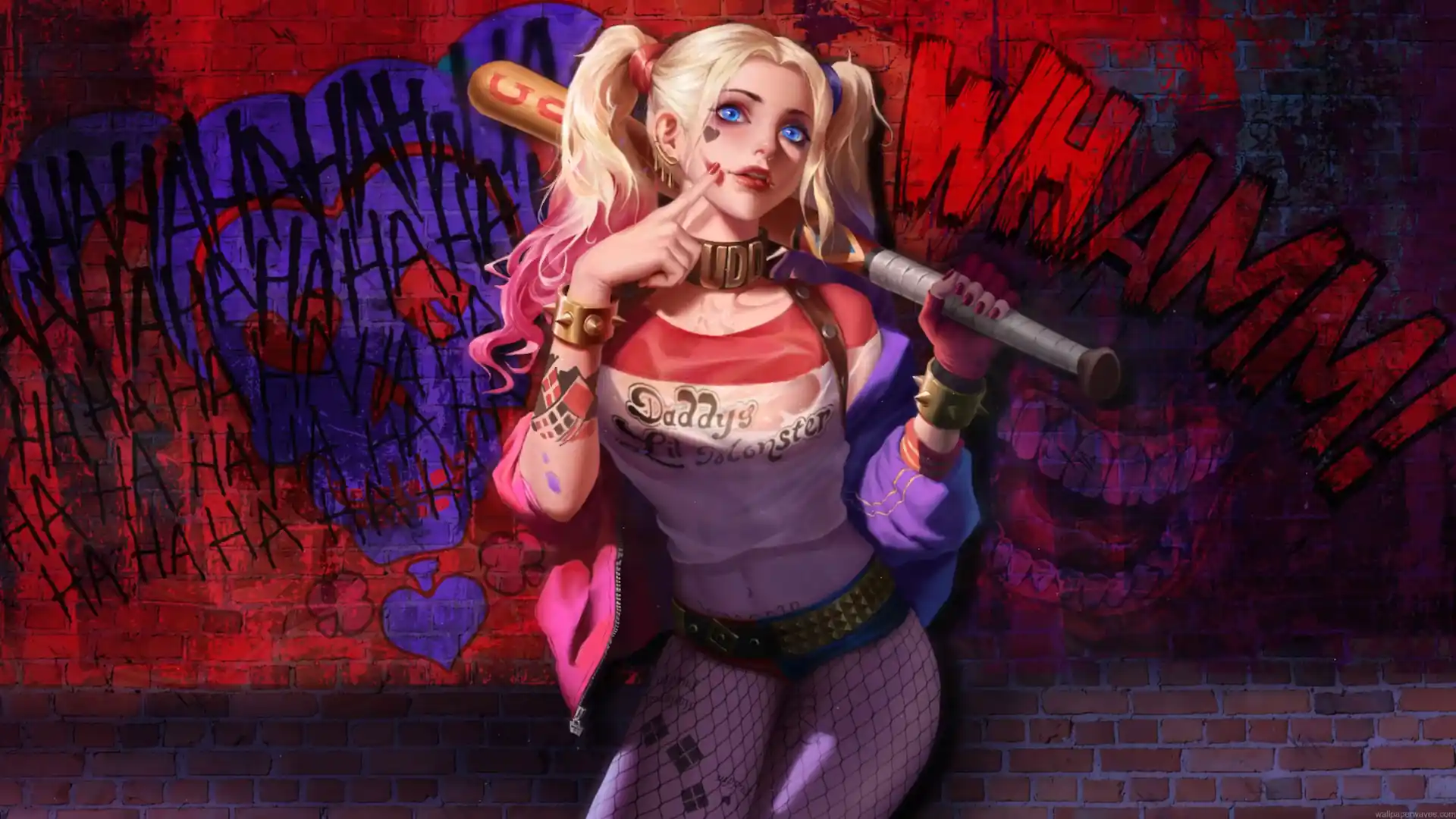 Harley Quinn from Suicide Squad holding a baseball bat in front of a red and purple graffiti wall live wallpaper