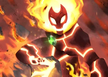 Heatblast Ben 10 Alien Force Live Wallpaper 3 Heatblast from Ben 10 Alien Force surrounded by blazing fire and burning debris live wallpaper.
