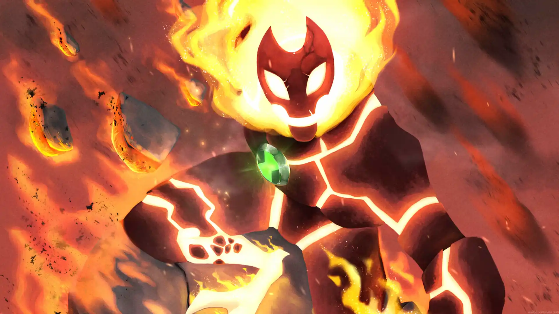 Heatblast from Ben 10 Alien Force surrounded by blazing fire and burning debris live wallpaper.