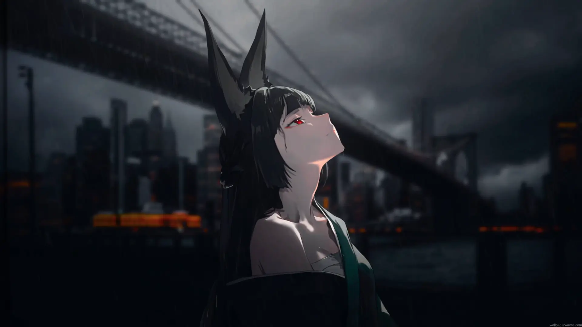 Hoshimi Miyabi looking upward in a dark rainy city scene from Zenless Zone Zero live wallpaper