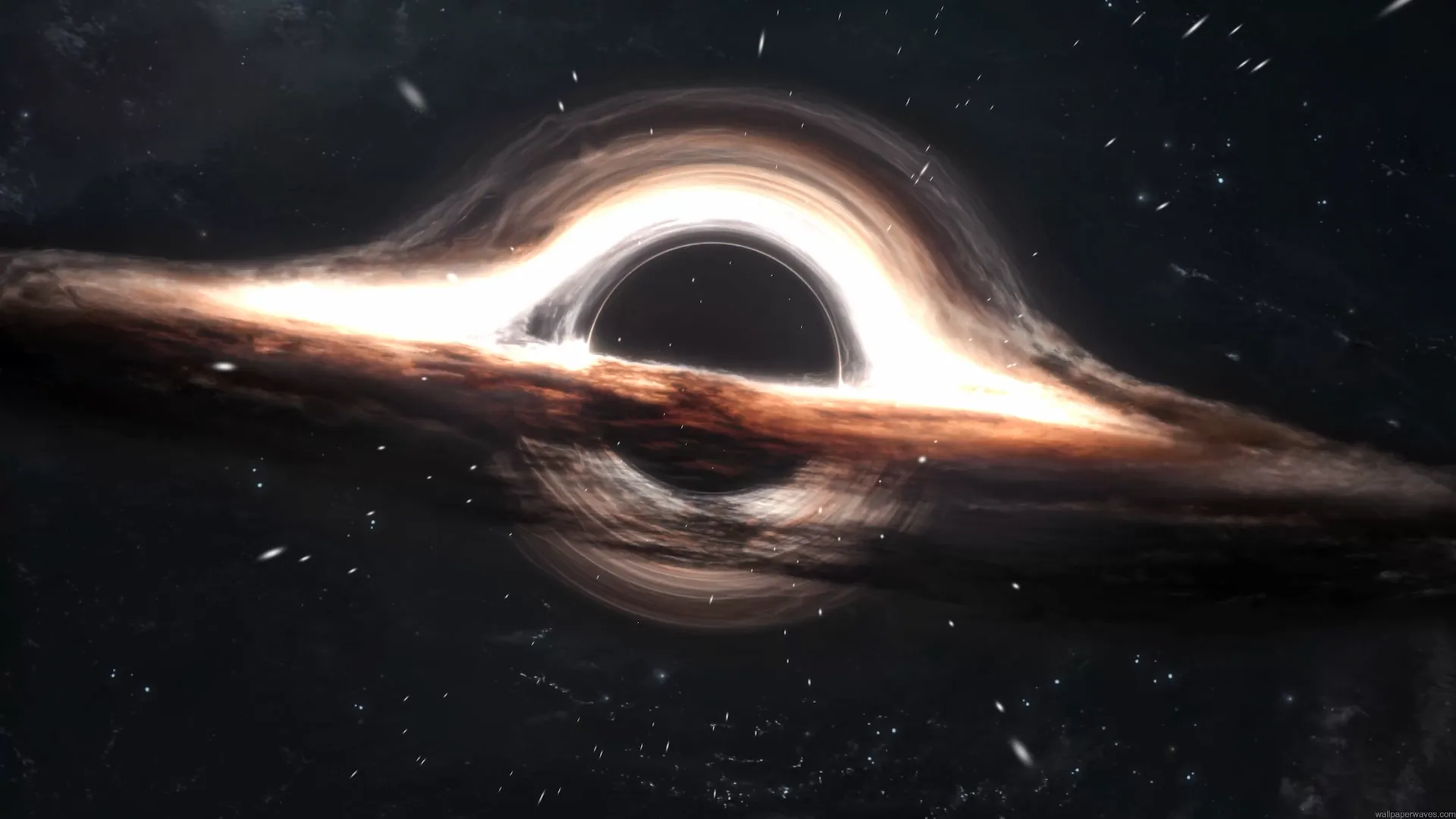 Interstellar black hole with glowing accretion disk, gravitational lensing, and stars in deep space live wallpaper.