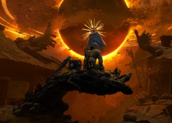 Into The Radius 2 Apocalyptic Soldier Live Wallpaper 2 Into the Radius 2 soldier facing a fiery apocalyptic anomaly surrounded by ruined buildings and dark creatures live wallpaper.