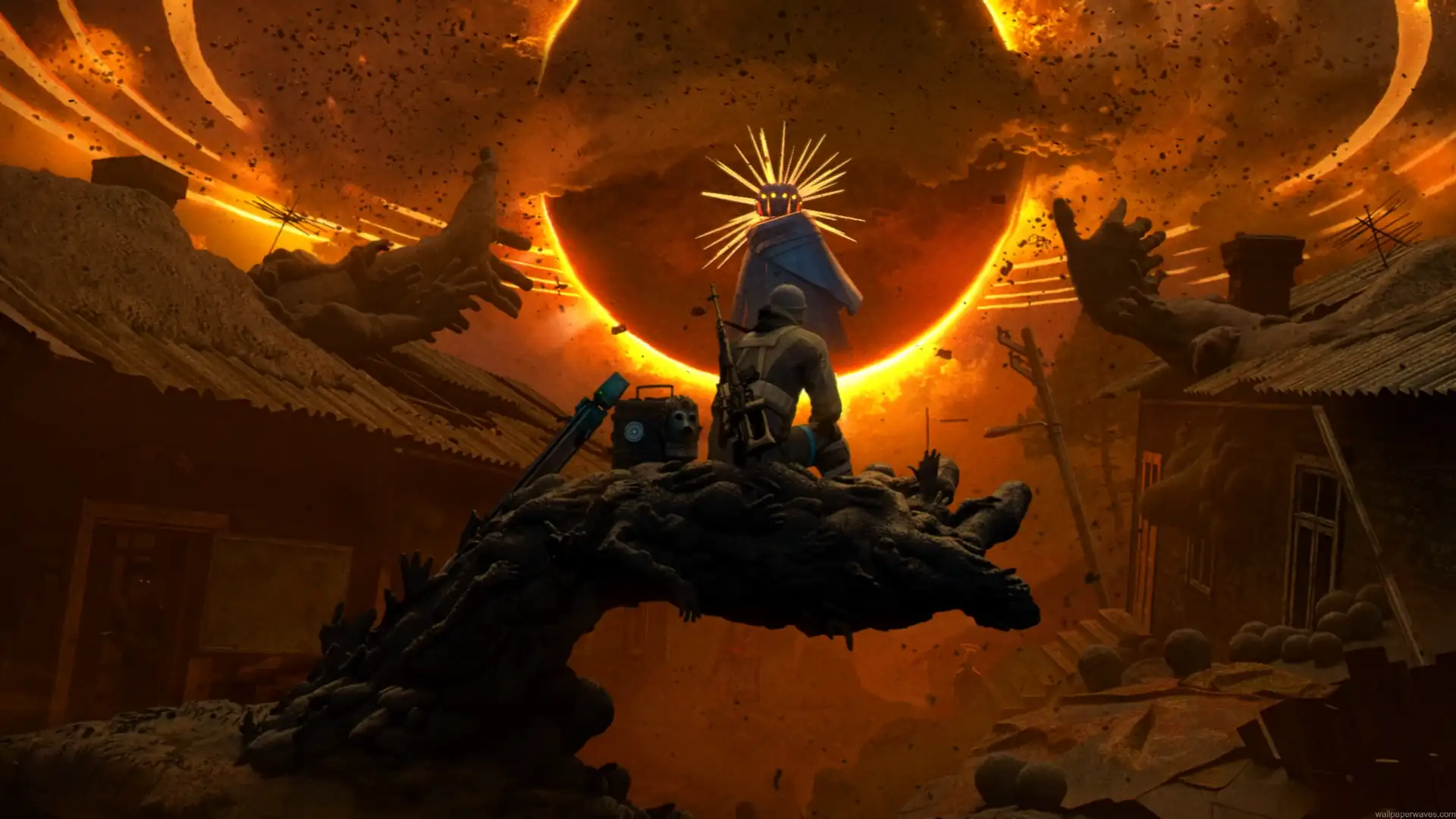 Into the Radius 2 soldier facing a fiery apocalyptic anomaly surrounded by ruined buildings and dark creatures live wallpaper.