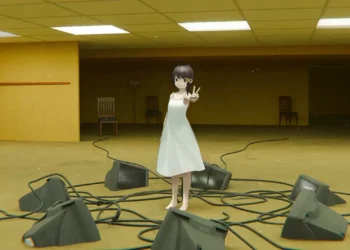 Iwakura Backrooms Serial Experiments Lain Live Wallpaper 3 Lain Iwakura standing among CRT monitors and tangled cables in a yellow Backrooms scene from Serial Experiments Lain live wallpaper