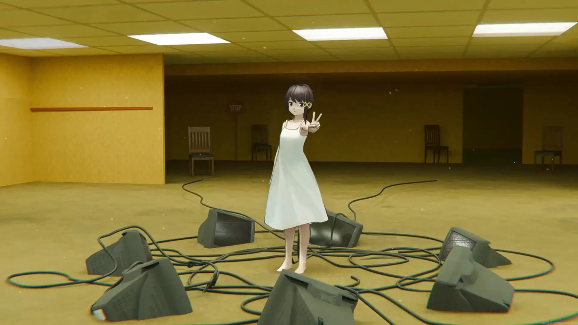 Lain Iwakura standing among CRT monitors and tangled cables in a yellow Backrooms scene from Serial Experiments Lain live wallpaper
