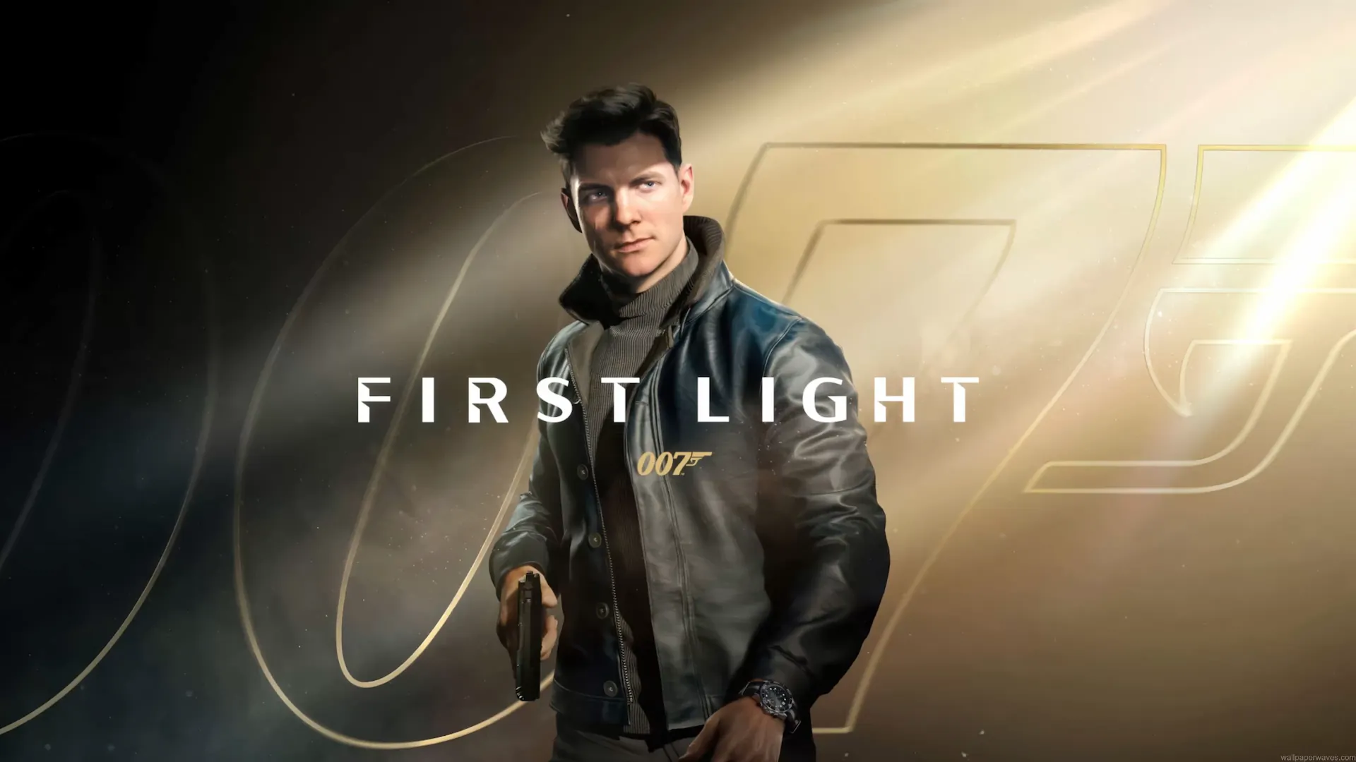 James Bond in 007 First Light holding a pistol with cinematic golden 007 background live wallpaper.
