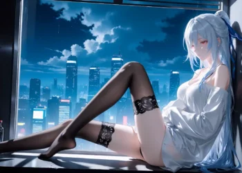 Jingliu from Honkai Star Rail relaxing by a window overlooking a futuristic city at night live wallpaper