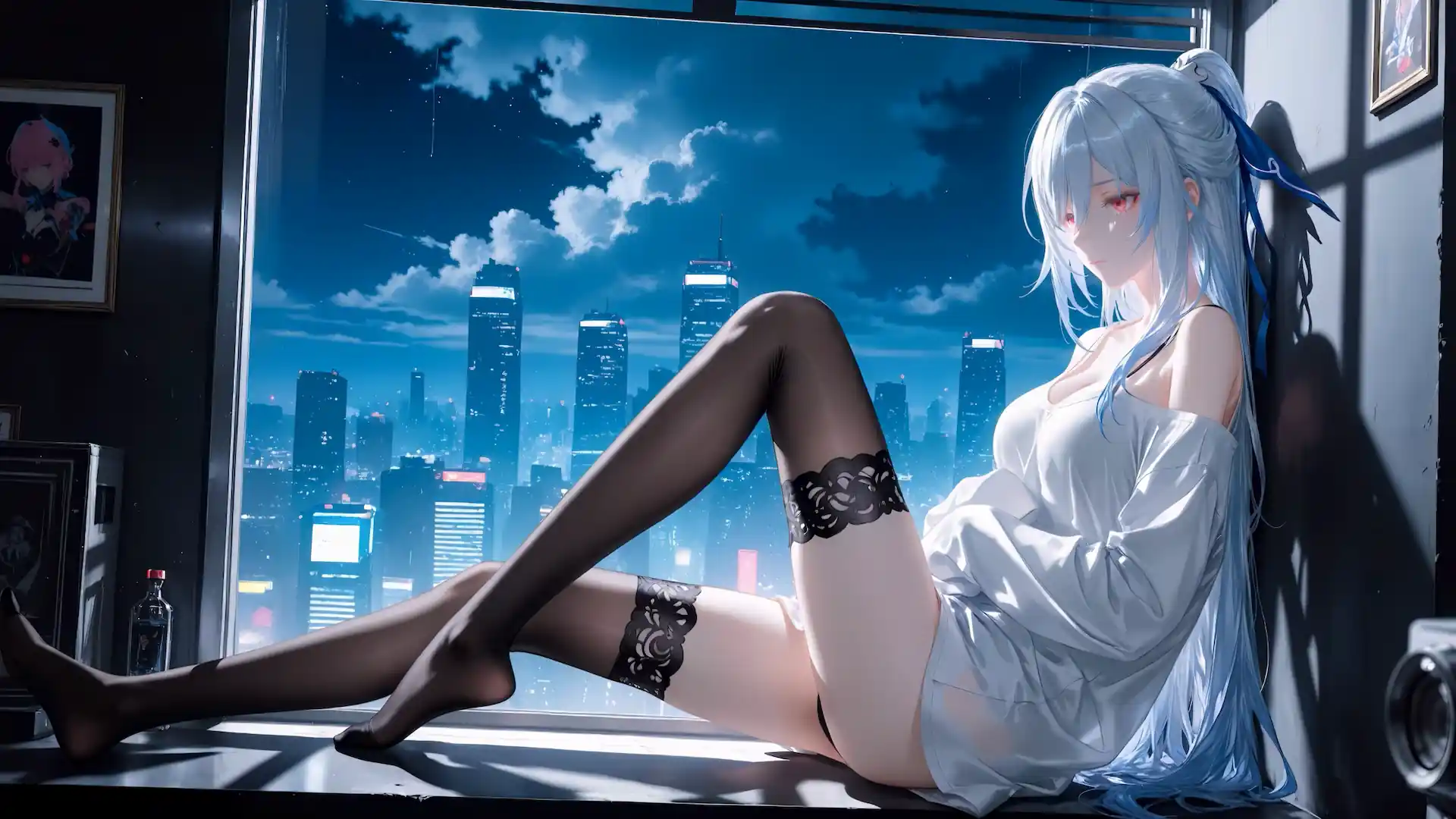 Jingliu from Honkai Star Rail relaxing by a window overlooking a futuristic city at night live wallpaper
