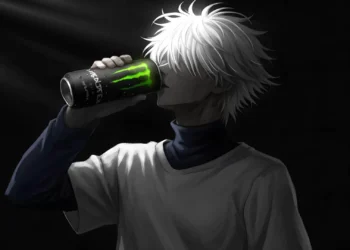 Killua Zoldyck Monster Energy Dark Live Wallpaper 2 Killua Zoldyck from Hunter x Hunter drinking Monster Energy against a dark black background live wallpaper.