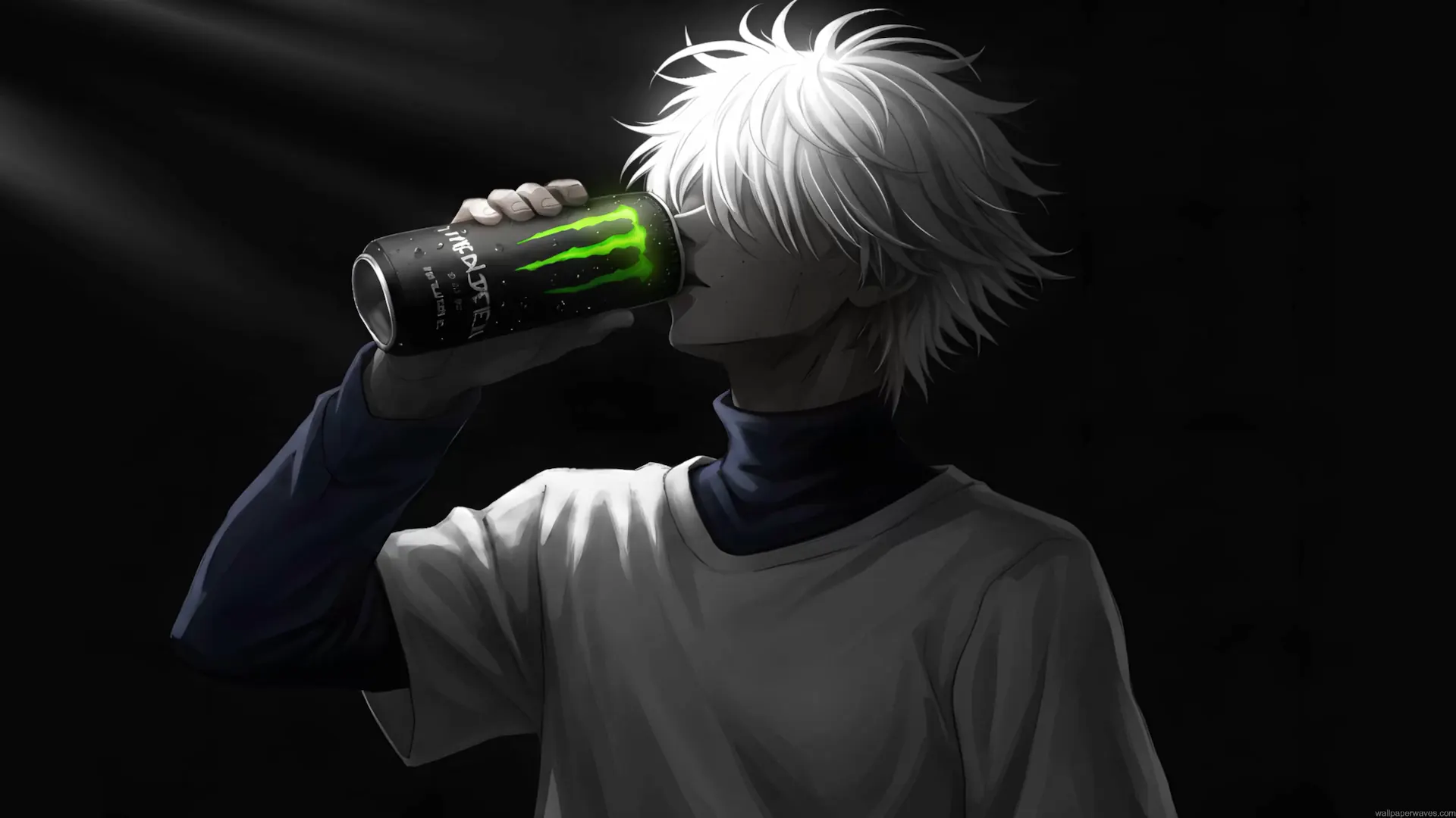 Killua Zoldyck from Hunter x Hunter drinking Monster Energy against a dark black background live wallpaper.