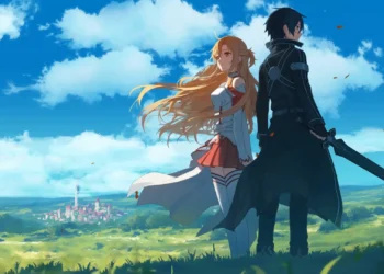 Kirito and Asuna Sword Art Online Landscape Live Wallpaper 2 Kirito and Asuna overlooking a beautiful fantasy landscape under a blue sky in Sword Art Online live wallpaper.