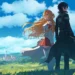 Kirito and Asuna Sword Art Online Landscape Live Wallpaper 10 Kirito and Asuna overlooking a beautiful fantasy landscape under a blue sky in Sword Art Online live wallpaper.
