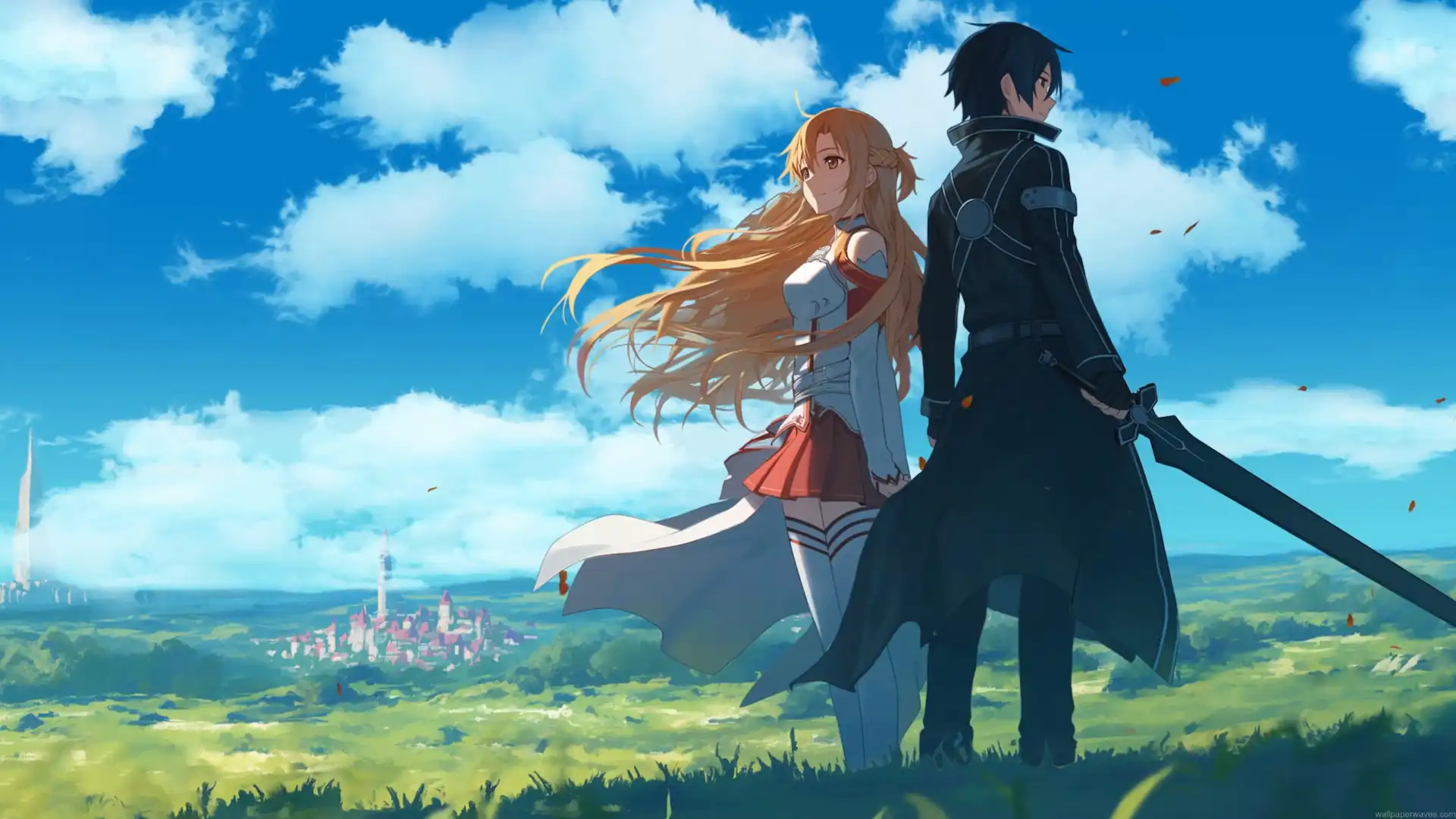 Kirito and Asuna overlooking a beautiful fantasy landscape under a blue sky in Sword Art Online live wallpaper.