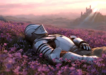 Knight in silver armor resting in a purple flower field at sunrise with a distant fantasy castle live wallpaper.