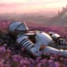 Knight Resting in Flower Field Live Wallpaper 10 Knight in silver armor resting in a purple flower field at sunrise with a distant fantasy castle live wallpaper.