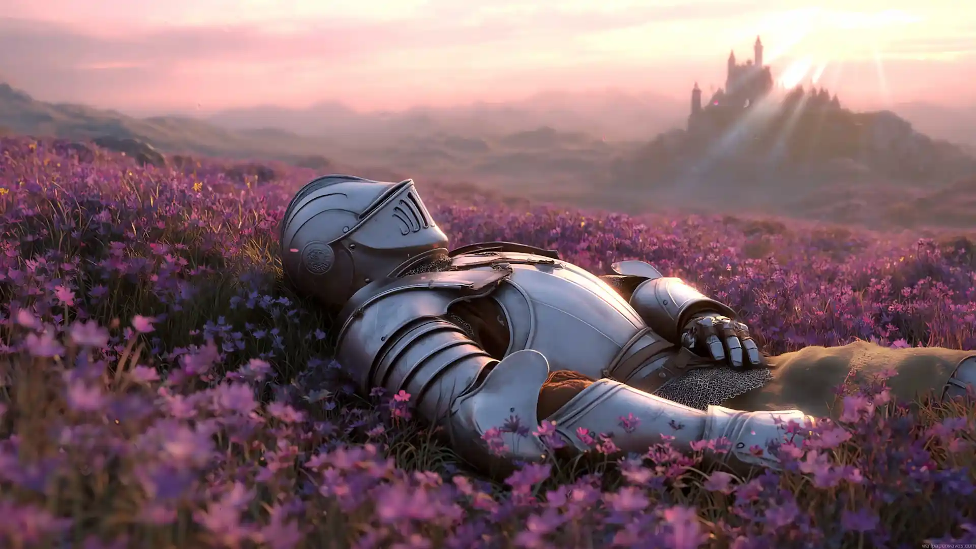 Knight in silver armor resting in a purple flower field at sunrise with a distant fantasy castle live wallpaper.