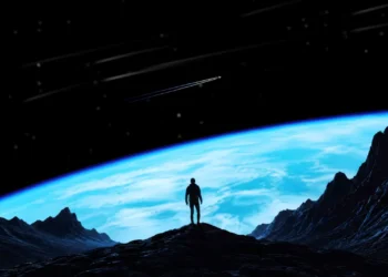 Lone Explorer on Alien Planet Live Wallpaper 5 Lone explorer standing on an alien planet overlooking a massive glowing blue world and star-filled space wallpaper.
