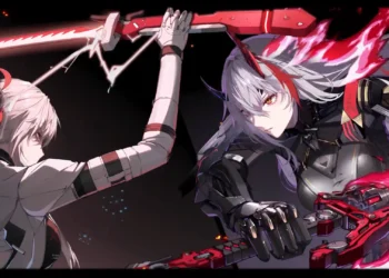 Lucia Sword Duel Live Wallpaper 4 Lucia from Punishing Gray Raven clashing swords in an intense futuristic duel with crimson energy effects live wallpaper.