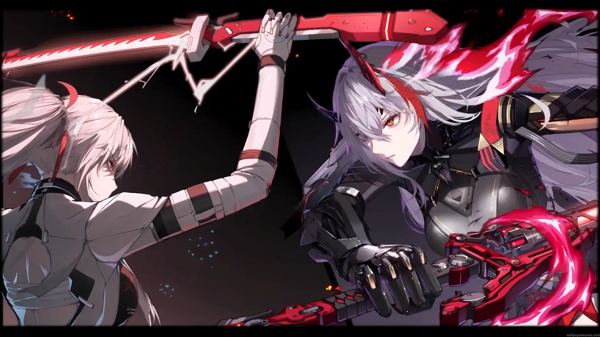Lucia from Punishing Gray Raven clashing swords in an intense futuristic duel with crimson energy effects live wallpaper.
