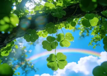 Lucky Four Leaf Clover Live Wallpaper 2 Lucky four leaf clovers with sparkling dew beneath sunlight and a colorful rainbow in a peaceful nature live wallpaper.